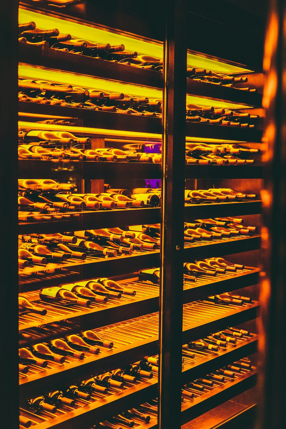 Wine bottles arranged on wooden racks in a cellar.